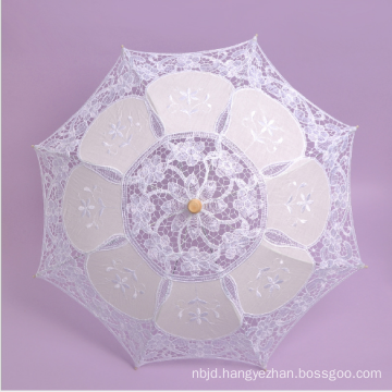 White Satin and Lace Wedding Umbrella with wooden crook handle parasol lace umbrella